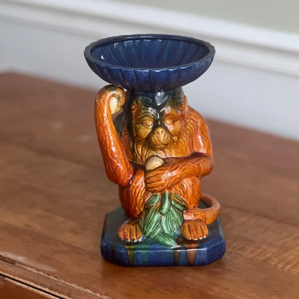 Majolica Monkey Figural Candle Holder Scalloped Bowl Blue Orange‎ Glazed Vintage